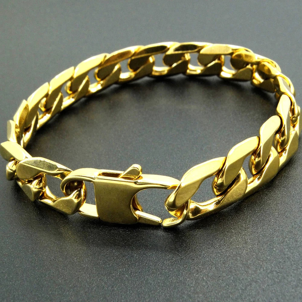 100% Stainless Steel Bracelet 12 mm 8 Inch Curb Cuban Chain Gold Color Bracelets for Men
