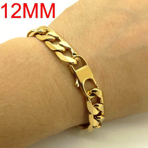 100% Stainless Steel Bracelet 12 mm 8 Inch Curb Cuban Chain Gold Color Bracelets for Men