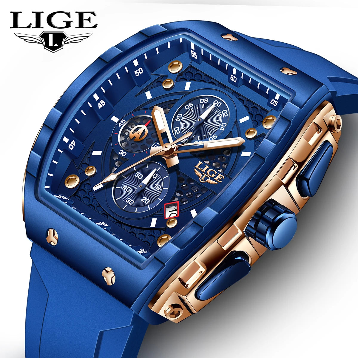 LIGE Top Brand Men's Watches Luxury Square Quartz Wristwatch Waterproof Luminous Chronograph Watch for Men Date Clock