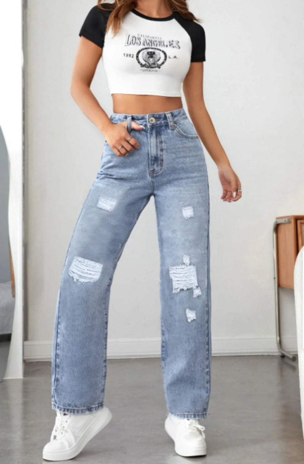 Women's pocket-breaking casual Denim wide-leg pants
