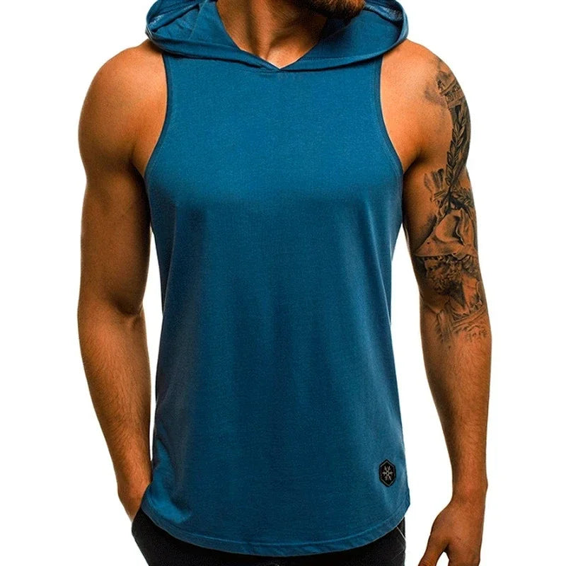 Men's Tank Top Streetwear Sleeveless Shirts Gym Men Fitness Hooded Shirt Bodybuilding High Elastic Sports Basketball Vest