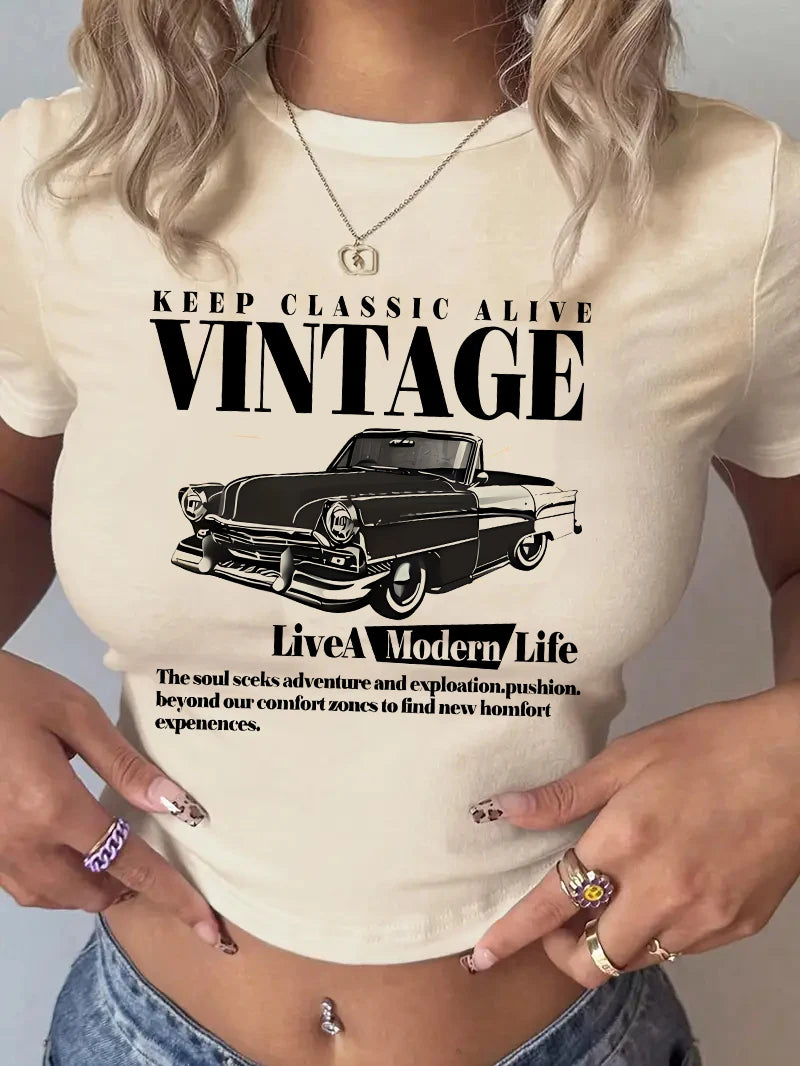 Vintage Car Retro "Keep Classic Alive" Cropped Girls Crop Top T Shirt Women's Print Shirt  T-shirt Sexy