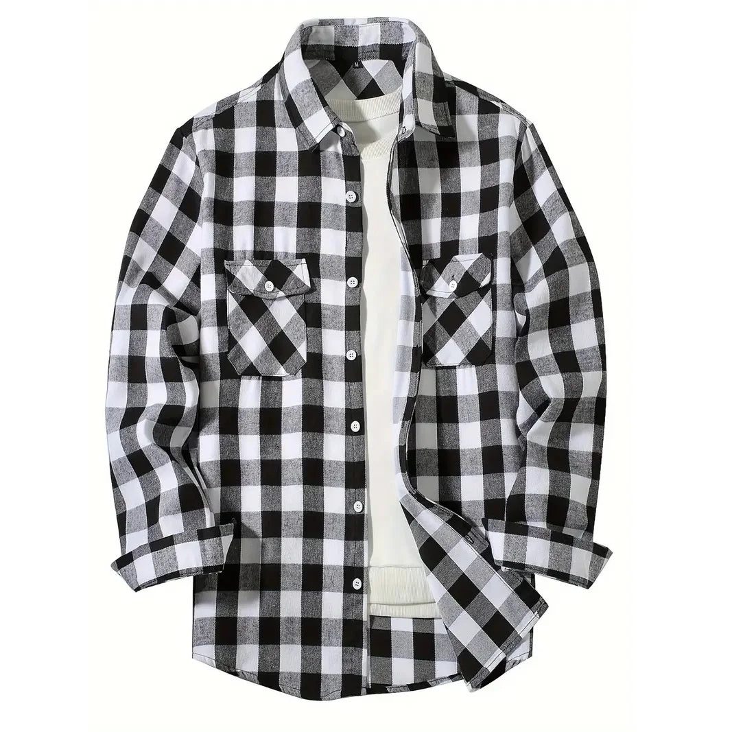 Men's Classic Plaid Flannel Shirt Long Sleeve Single Breasted Casual Top with Two Pockets Spring Autumn Wear Cotton Polyester