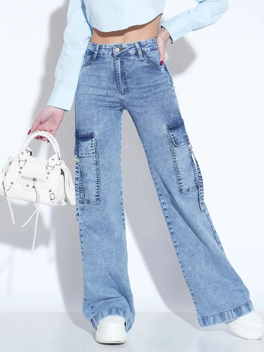 Women's Slim Fit Cargo Jeans Multiple Pockets Casual Work Denim Pants mid Waist Cotton Elastic Comfortable for Everyday Use