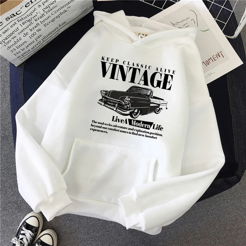 Vintage Car Retro "Keep Classic Alive" Girls Hoodies Women's Casual Graphic Print Sweashirts Y2k Hooded Clothes