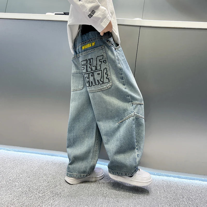 personalized workwear jeans Spring and Autumn 2025 Spring and Autumn New Straight Pants Boys  Wide Legs Handsome Trendy 5-15 yea