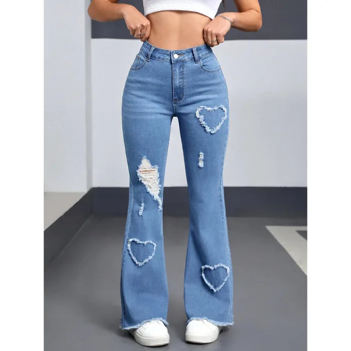 Denim Flared Pants Women Hole Jeans Boot Cut Distressed 2025 Streetwear High Waist Stretch Washed Vintage Full Length Trousers