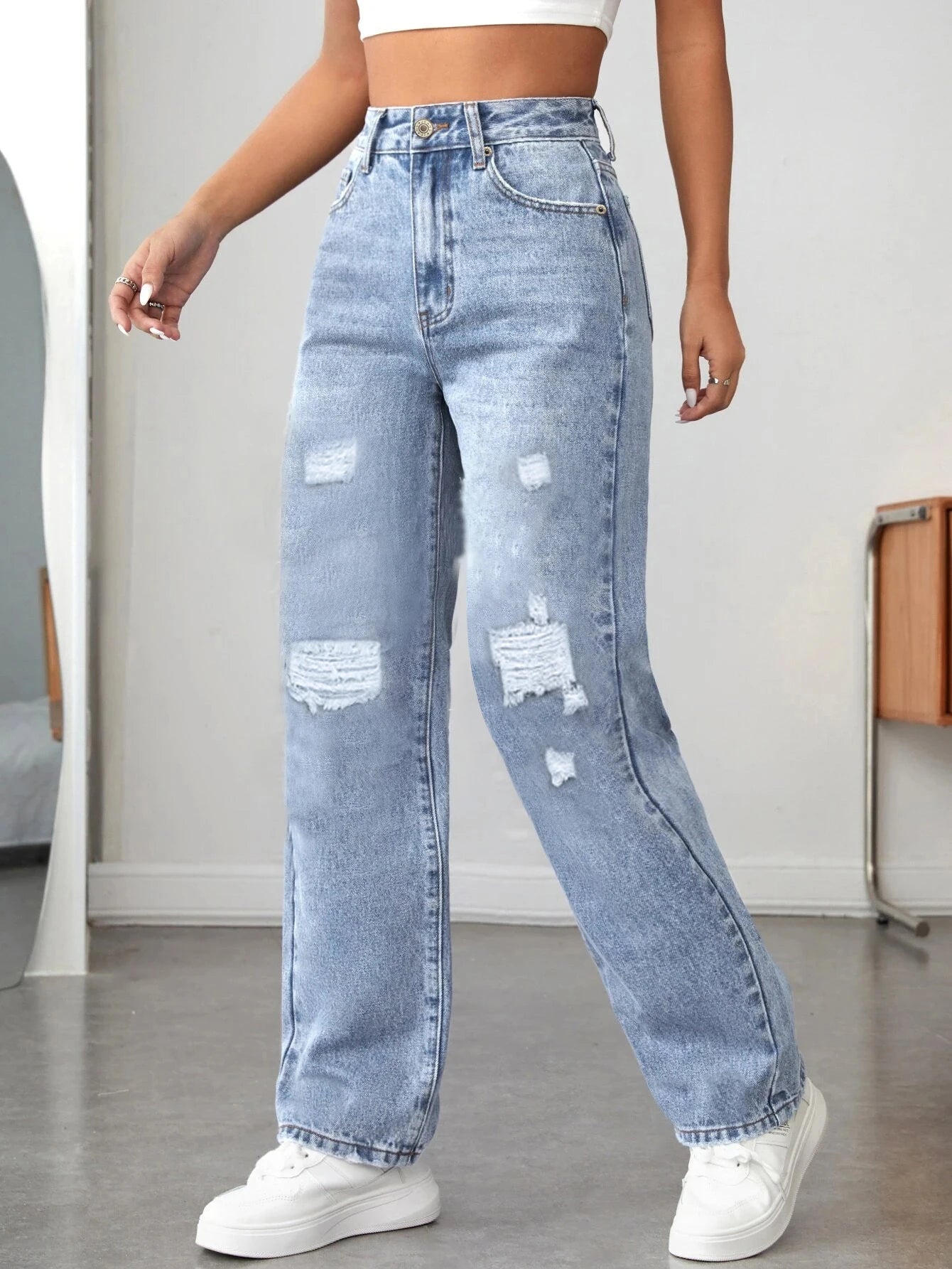 Women's pocket-breaking casual Denim wide-leg pants