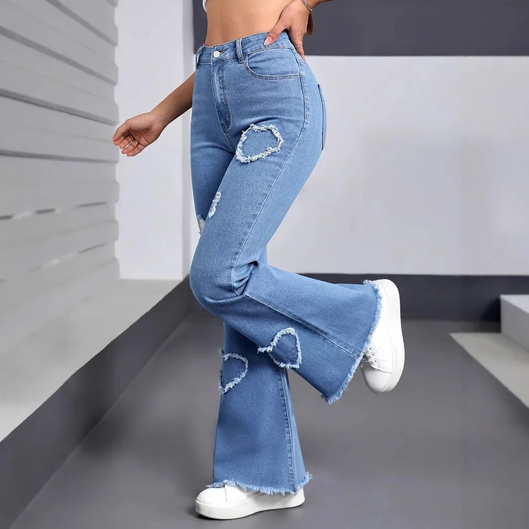 Denim Flared Pants Women Hole Jeans Boot Cut Distressed 2025 Streetwear High Waist Stretch Washed Vintage Full Length Trousers