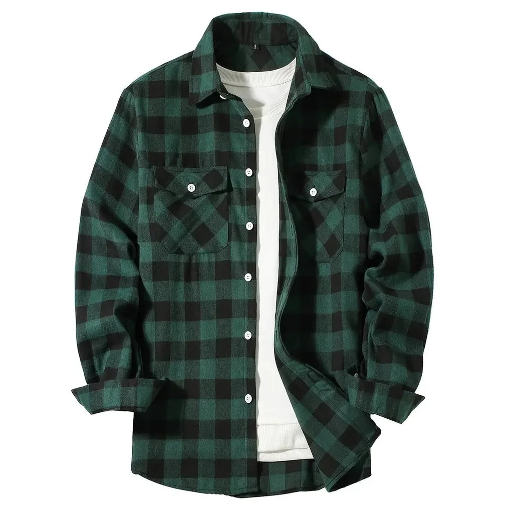 Men's Classic Plaid Flannel Shirt Long Sleeve Single Breasted Casual Top with Two Pockets Spring Autumn Wear Cotton Polyester