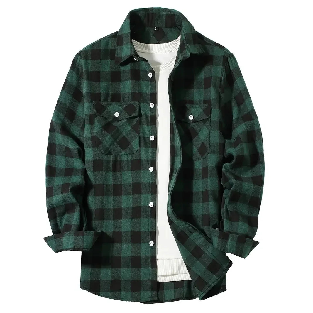Men's Classic Plaid Flannel Shirt Long Sleeve Single Breasted Casual Top with Two Pockets Spring Autumn Wear Cotton Polyester