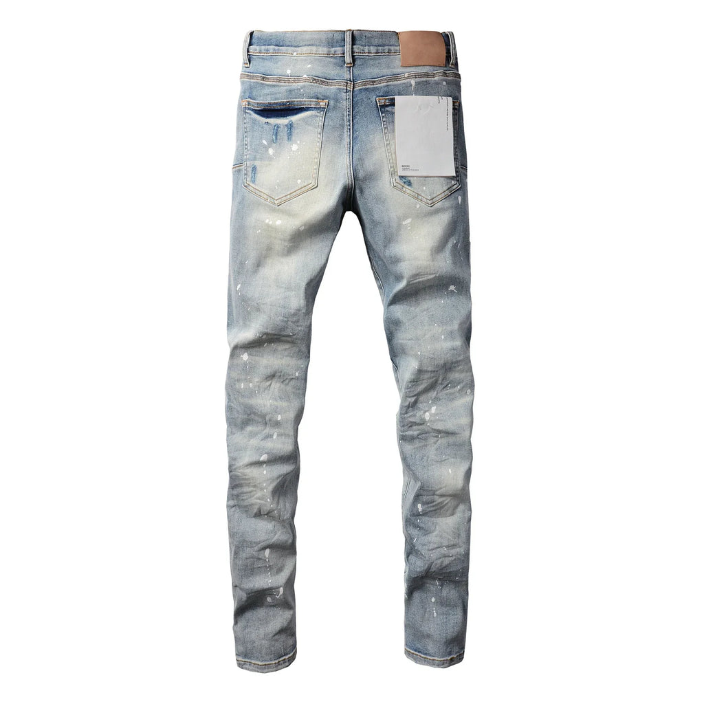 2025 Jeans Man's High Street Blue Ripped Distressed Skinny Jeans Low Rise Denim Trousers Fashion Repair Pants 9003
