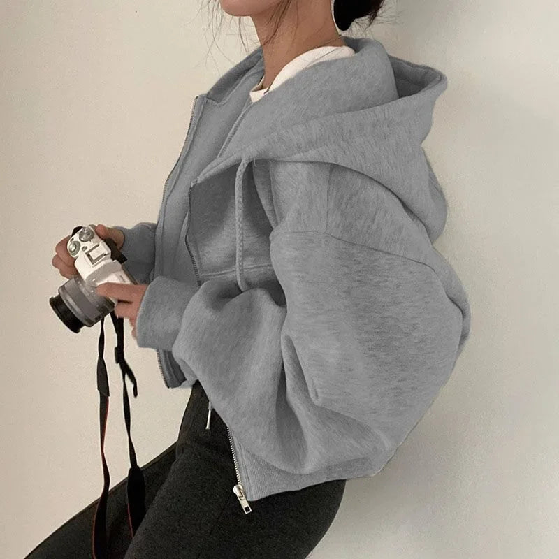 Casual Hood Sweatshirt Women Y2K Zip Up Hoodies Solid Harajuku Long Sleeve Shirt  Crop Tops Female Loose Jackets Coat