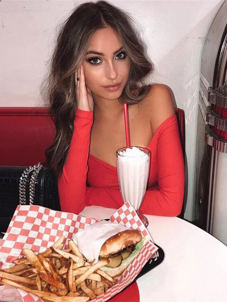 women T-shirts sexy and club fashion female T-shirt long sleeve off shoulder solid color lady Tshirt autumn basic tees