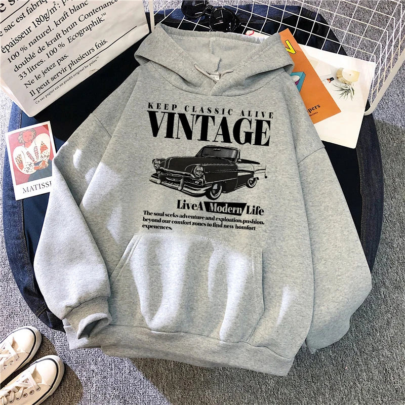 Vintage Car Retro "Keep Classic Alive" Girls Hoodies Women's Casual Graphic Print Sweashirts Y2k Hooded Clothes