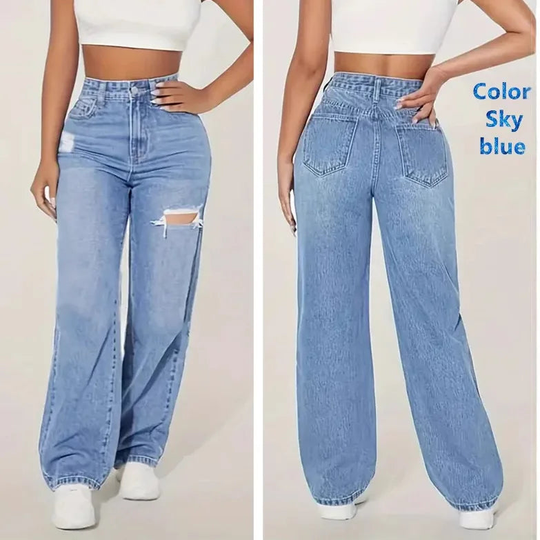 2025 Washed Ripped High-waisted Wide-leg Jeans. New Four Seasons Fashionable and Versatile Casual Floor-length Jeans for Women