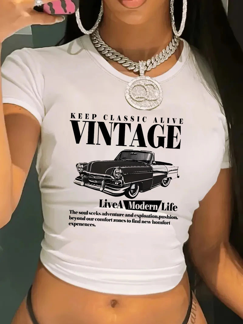 Vintage Car Retro "Keep Classic Alive" Cropped Girls Crop Top T Shirt Women's Print Shirt  T-shirt Sexy