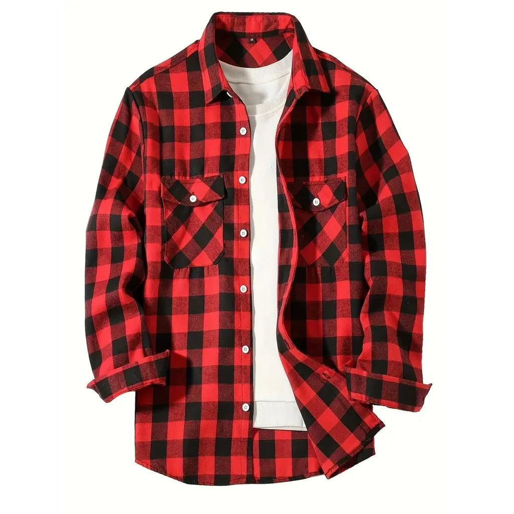 Men's Classic Plaid Flannel Shirt Long Sleeve Single Breasted Casual Top with Two Pockets Spring Autumn Wear Cotton Polyester