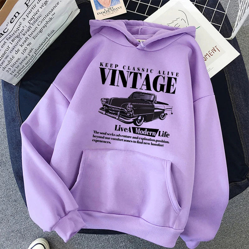Vintage Car Retro "Keep Classic Alive" Girls Hoodies Women's Casual Graphic Print Sweashirts Y2k Hooded Clothes