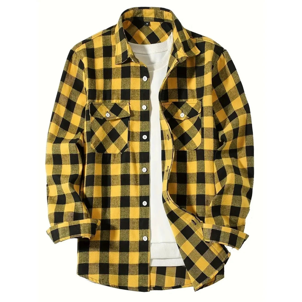 Men's Classic Plaid Flannel Shirt Long Sleeve Single Breasted Casual Top with Two Pockets Spring Autumn Wear Cotton Polyester