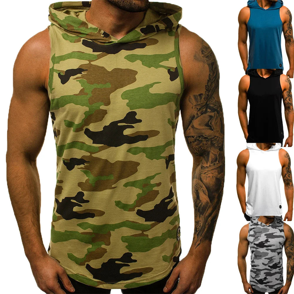 Men's Tank Top Streetwear Sleeveless Shirts Gym Men Fitness Hooded Shirt Bodybuilding High Elastic Sports Basketball Vest