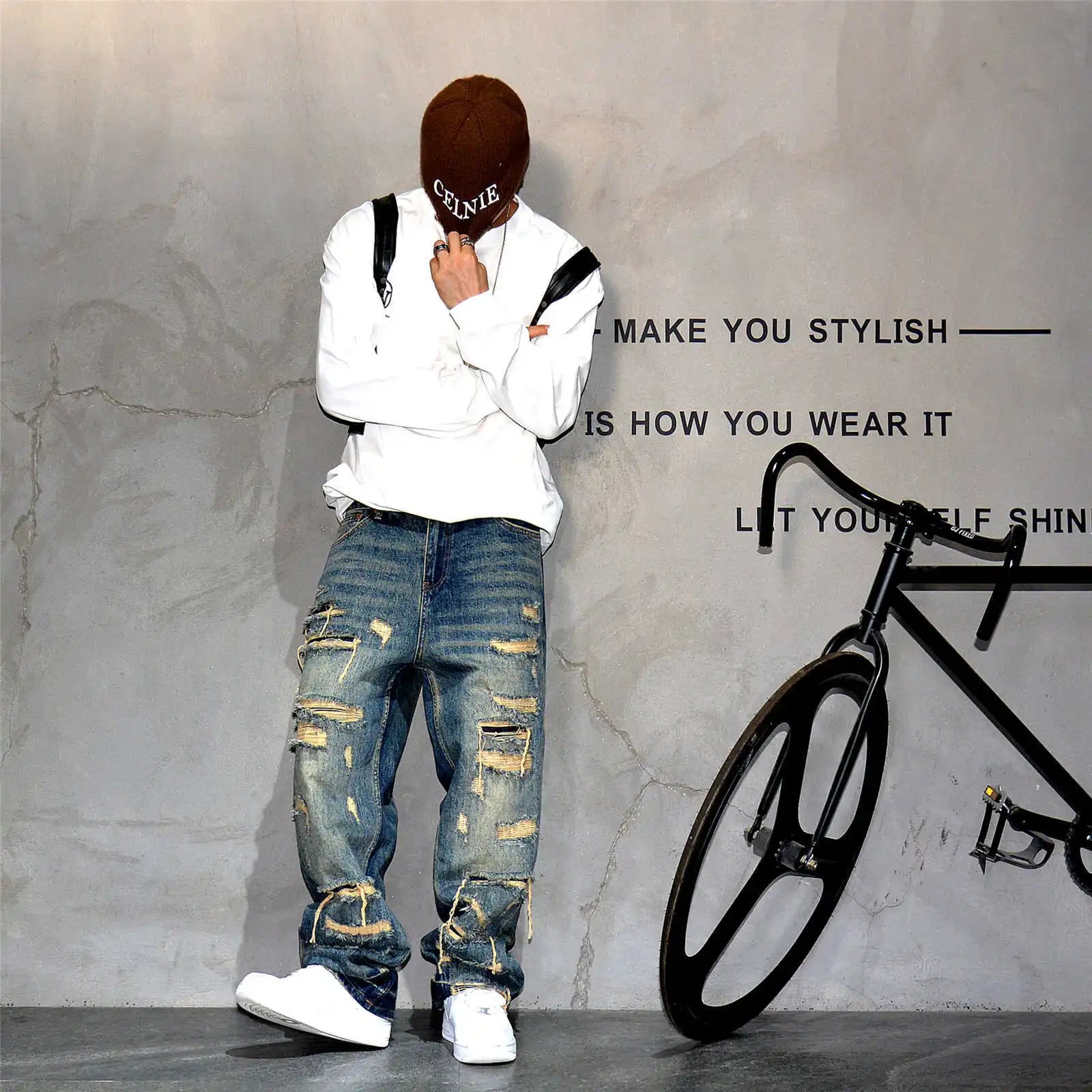 Mens Ripped Baggy Jeans Distressed Denim Streetwear Skateboard Pants Straight Leg Patchwork Oversized Urban Fashion Workwear