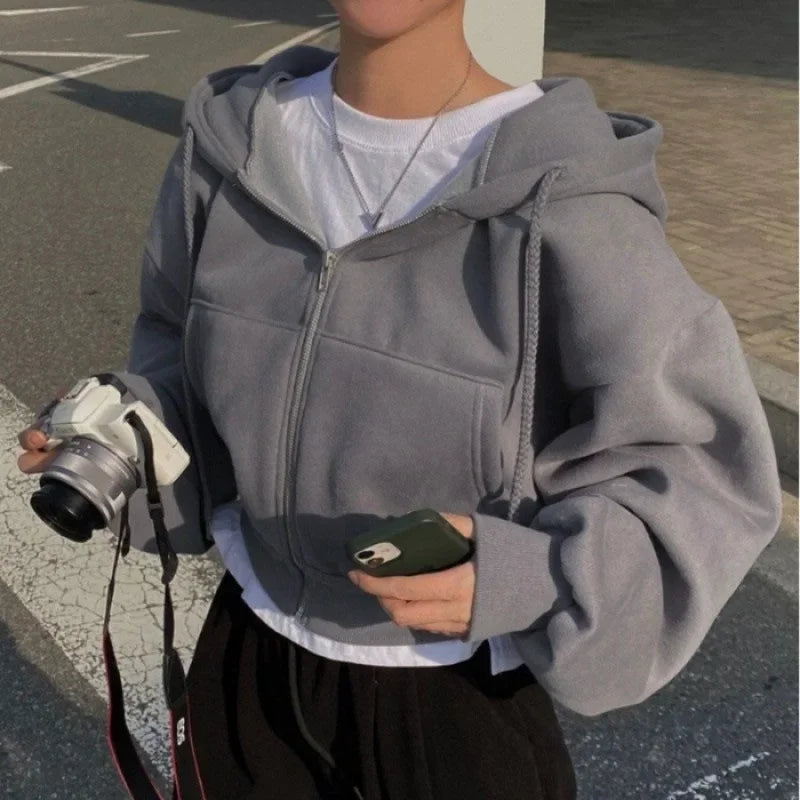 Casual Hood Sweatshirt Women Y2K Zip Up Hoodies Solid Harajuku Long Sleeve Shirt  Crop Tops Female Loose Jackets Coat