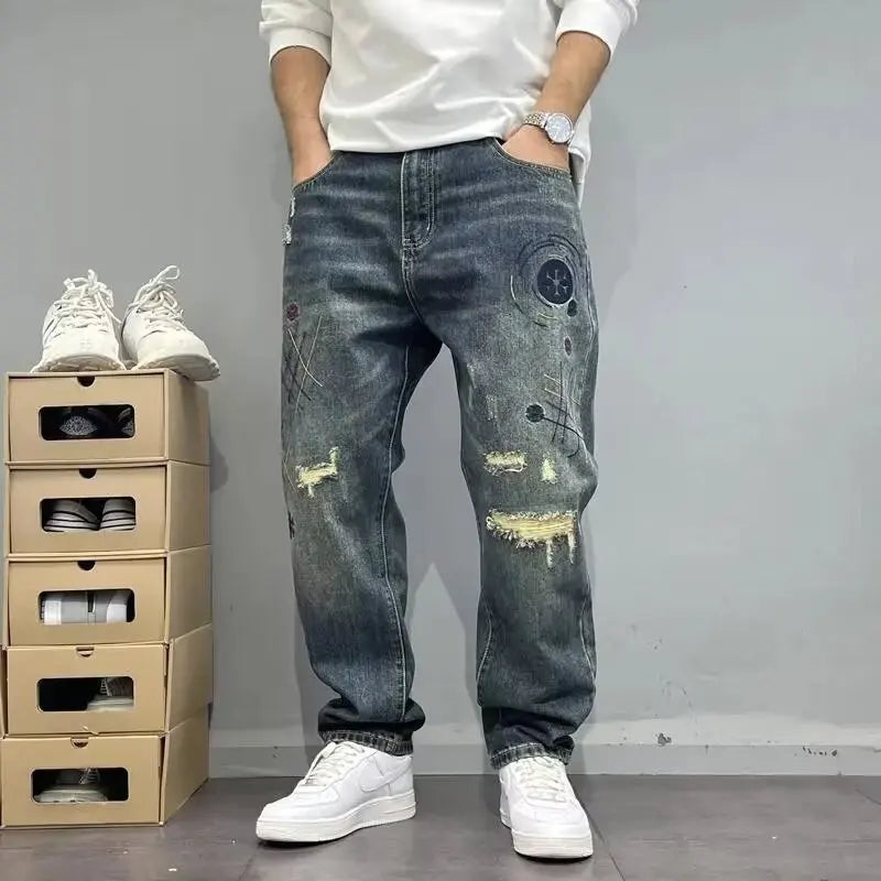 Four Seasons New Fashion Men's American High Street Hole Patched Loose Wide Leg Jeans Pants Vintage Washed Denim Trousers Male