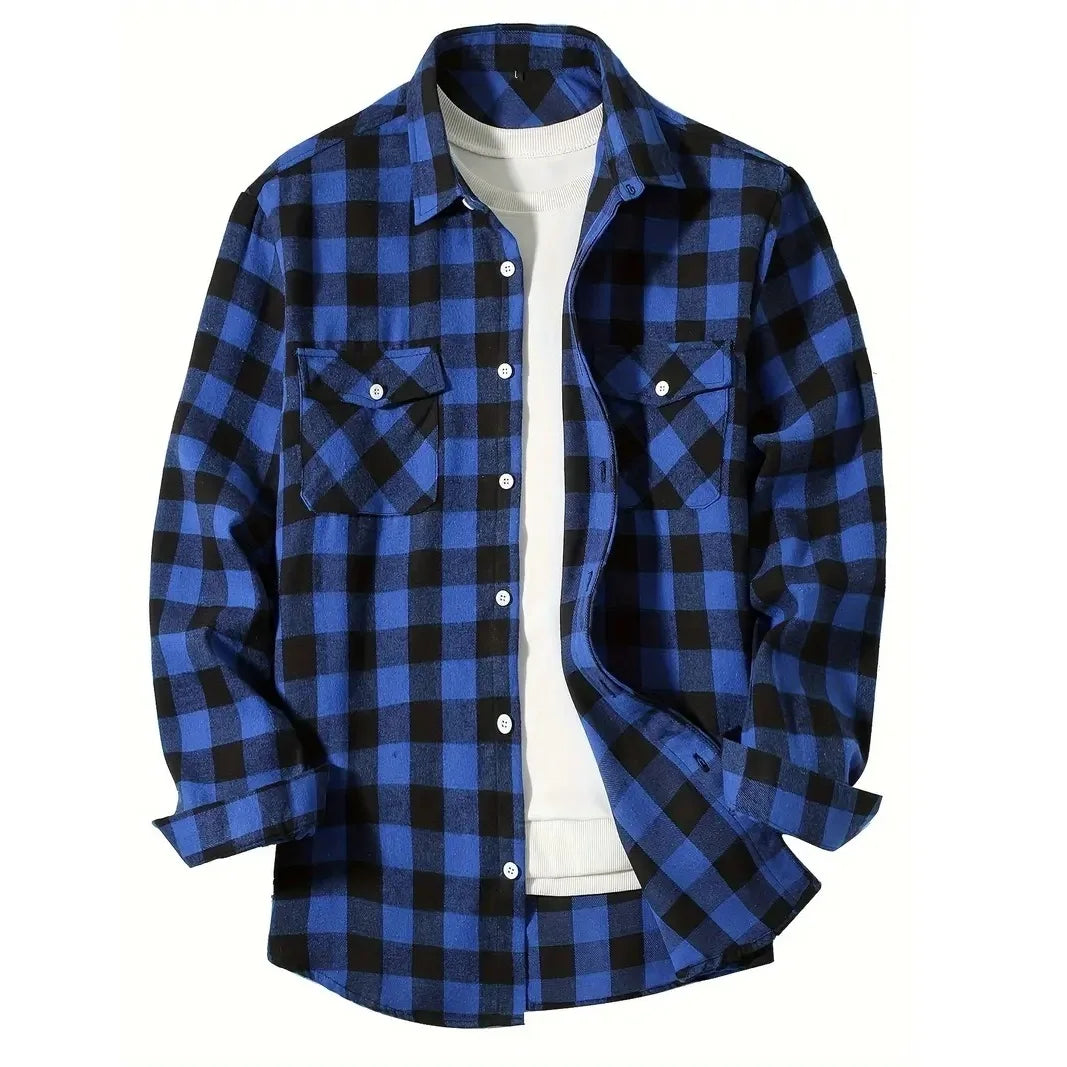Men's Classic Plaid Flannel Shirt Long Sleeve Single Breasted Casual Top with Two Pockets Spring Autumn Wear Cotton Polyester