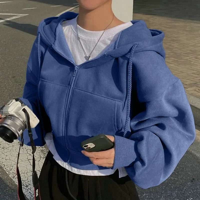 Casual Hood Sweatshirt Women Y2K Zip Up Hoodies Solid Harajuku Long Sleeve Shirt  Crop Tops Female Loose Jackets Coat