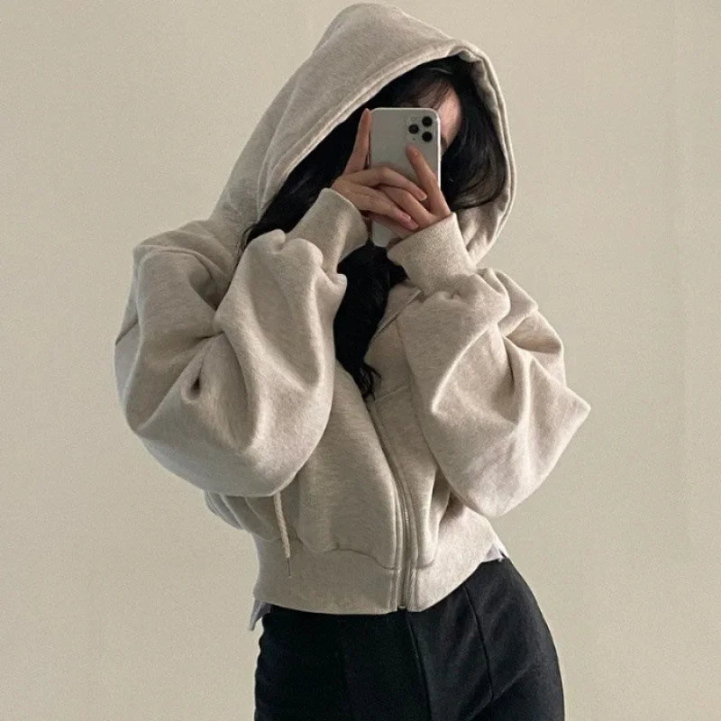 Casual Hood Sweatshirt Women Y2K Zip Up Hoodies Solid Harajuku Long Sleeve Shirt  Crop Tops Female Loose Jackets Coat