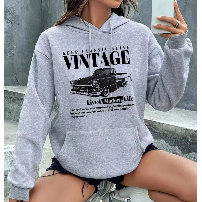 Vintage Car Retro "Keep Classic Alive" Girls Hoodies Women's Casual Graphic Print Sweashirts Y2k Hooded Clothes