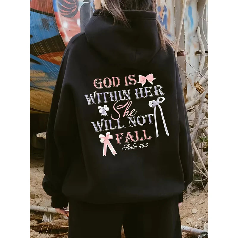 Women's Casual Funny Hoodies Inspirational God Is Within Her She Will Not Fall Bible Verse Print Sweatshirts Graphic Y2k Hoody