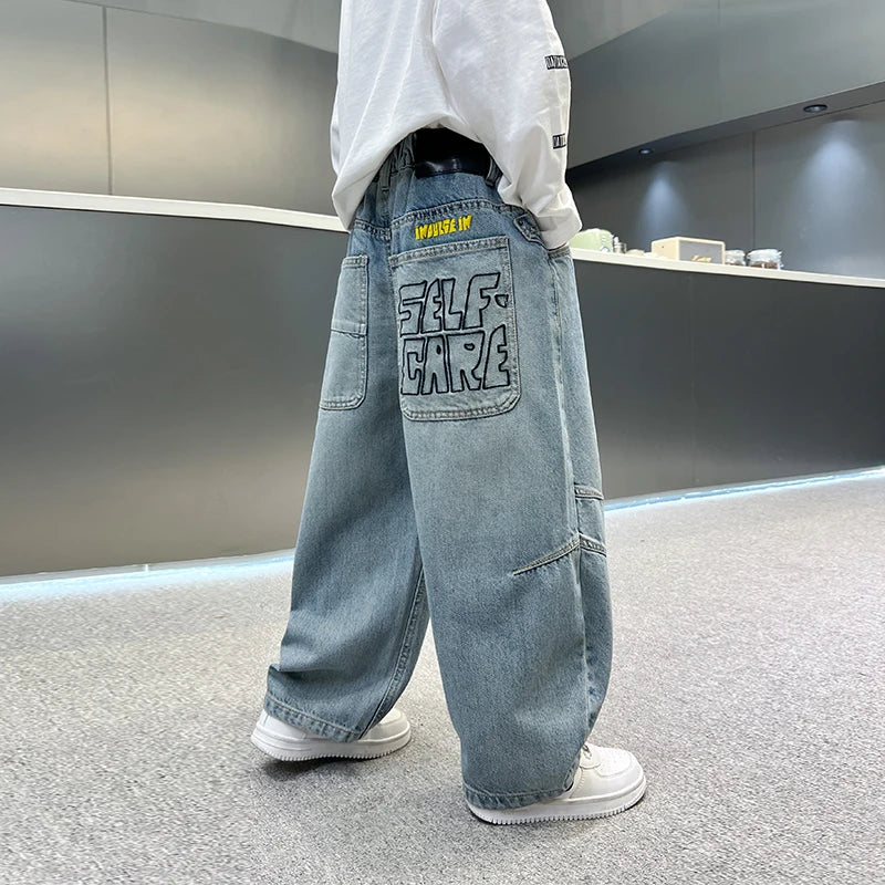 personalized workwear jeans Spring and Autumn 2025 Spring and Autumn New Straight Pants Boys  Wide Legs Handsome Trendy 5-15 yea