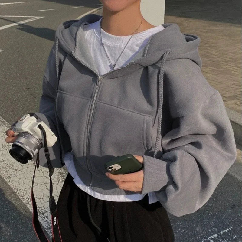 Casual Hood Sweatshirt Women Y2K Zip Up Hoodies Solid Harajuku Long Sleeve Shirt  Crop Tops Female Loose Jackets Coat