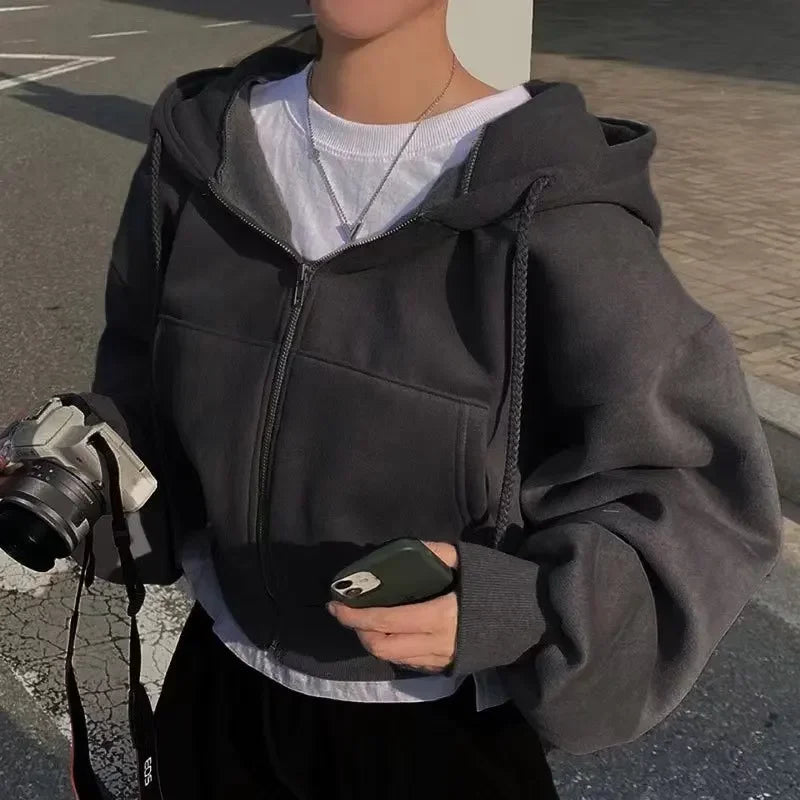 Casual Hood Sweatshirt Women Y2K Zip Up Hoodies Solid Harajuku Long Sleeve Shirt  Crop Tops Female Loose Jackets Coat