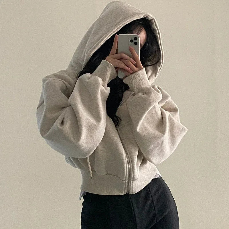Casual Hood Sweatshirt Women Y2K Zip Up Hoodies Solid Harajuku Long Sleeve Shirt  Crop Tops Female Loose Jackets Coat