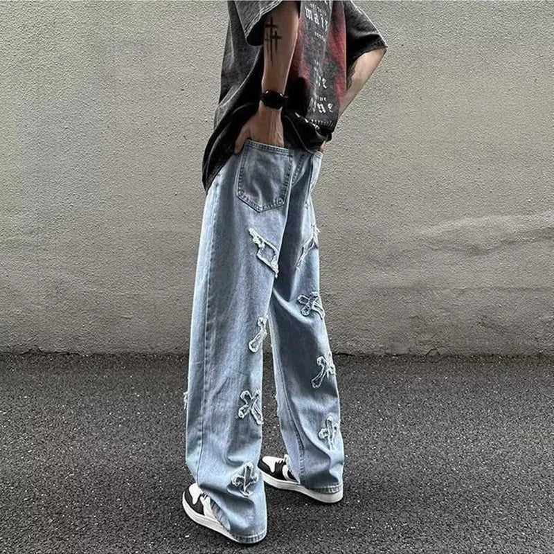 Men Straight Leg Denim Jeans Male New Fashion Casual Loose High Street Y2k Pants New Wide Leg Hip Hop Black Blue Pants