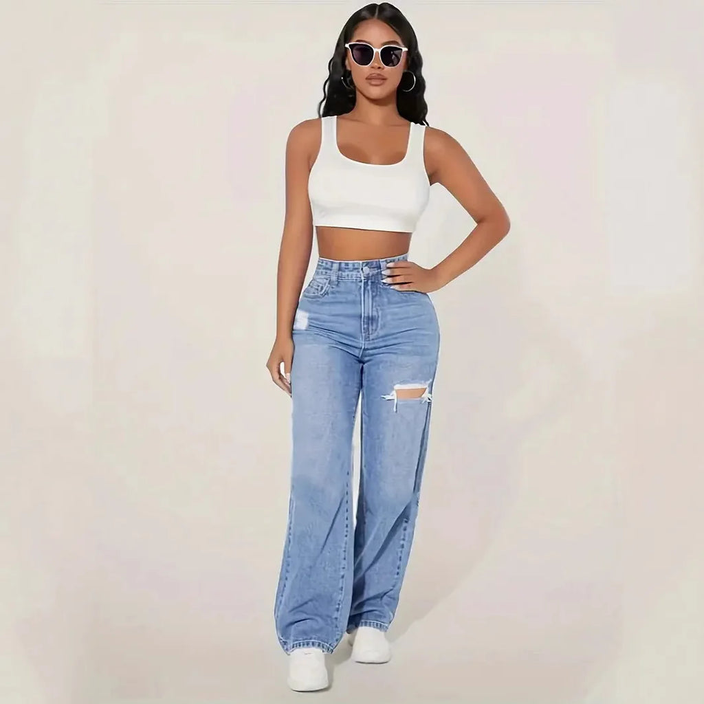 2025 Washed Ripped High-waisted Wide-leg Jeans. New Four Seasons Fashionable and Versatile Casual Floor-length Jeans for Women