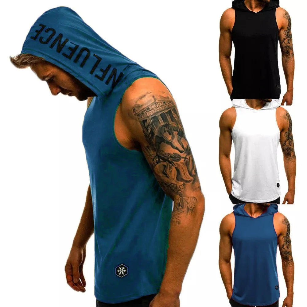 Men's Tank Top Streetwear Sleeveless Shirts Gym Men Fitness Hooded Shirt Bodybuilding High Elastic Sports Basketball Vest