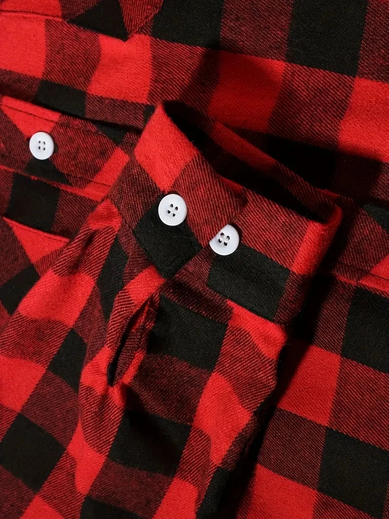 Men's Classic Plaid Flannel Shirt Long Sleeve Single Breasted Casual Top with Two Pockets Spring Autumn Wear Cotton Polyester