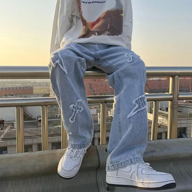 Men Straight Leg Denim Jeans Male New Fashion Casual Loose High Street Y2k Pants New Wide Leg Hip Hop Black Blue Pants