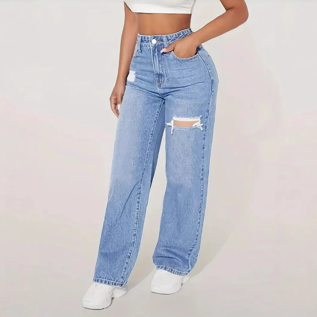2025 Washed Ripped High-waisted Wide-leg Jeans. New Four Seasons Fashionable and Versatile Casual Floor-length Jeans for Women
