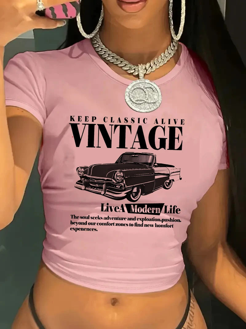 Vintage Car Retro "Keep Classic Alive" Cropped Girls Crop Top T Shirt Women's Print Shirt  T-shirt Sexy