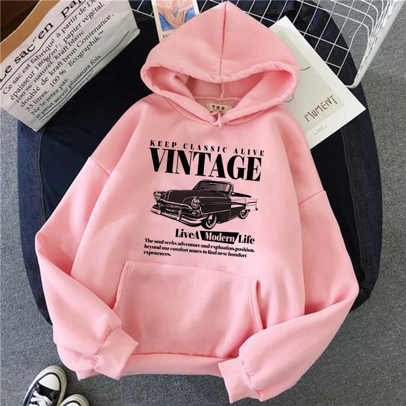 Vintage Car Retro "Keep Classic Alive" Girls Hoodies Women's Casual Graphic Print Sweashirts Y2k Hooded Clothes