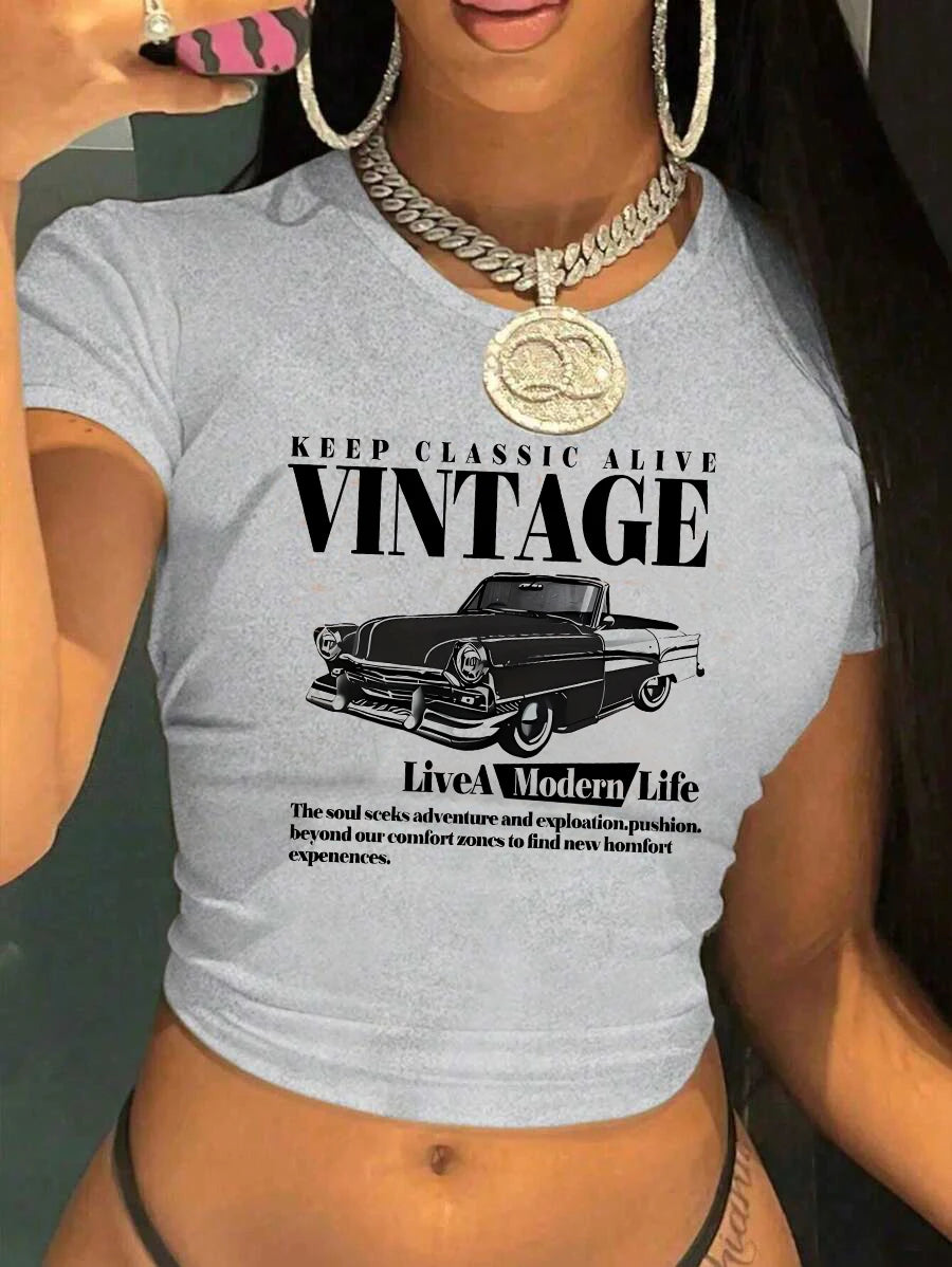 Vintage Car Retro "Keep Classic Alive" Cropped Girls Crop Top T Shirt Women's Print Shirt  T-shirt Sexy