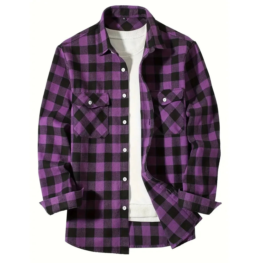 Men's Classic Plaid Flannel Shirt Long Sleeve Single Breasted Casual Top with Two Pockets Spring Autumn Wear Cotton Polyester
