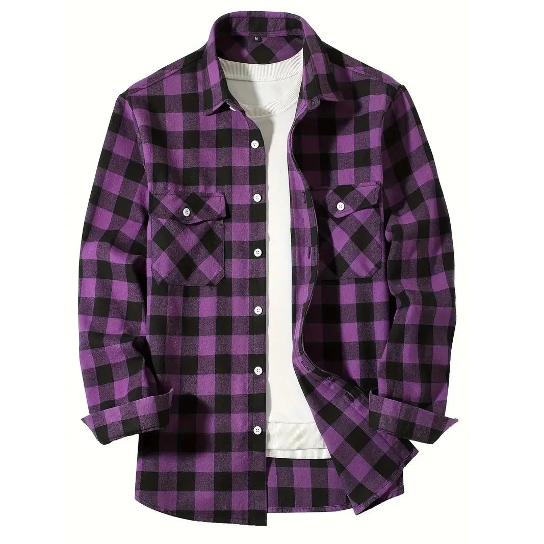 Men's Classic Plaid Flannel Shirt Long Sleeve Single Breasted Casual Top with Two Pockets Spring Autumn Wear Cotton Polyester