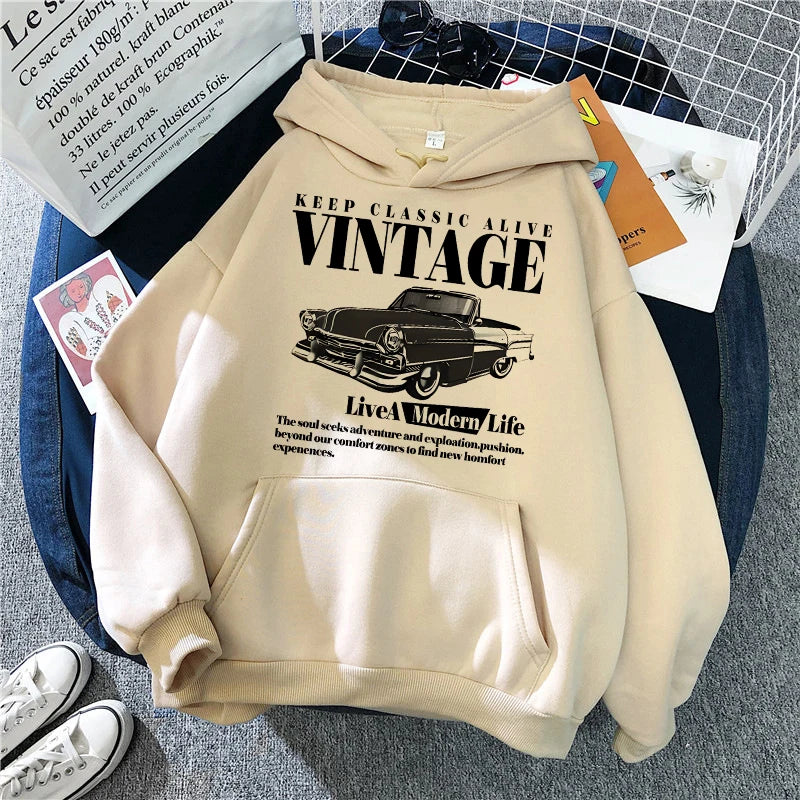Vintage Car Retro "Keep Classic Alive" Girls Hoodies Women's Casual Graphic Print Sweashirts Y2k Hooded Clothes