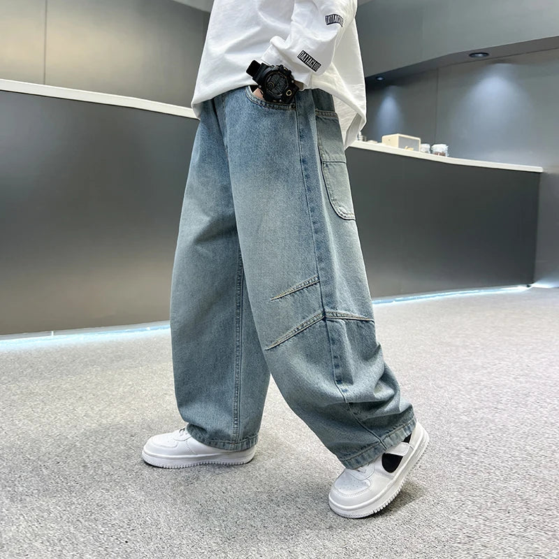 personalized workwear jeans Spring and Autumn 2025 Spring and Autumn New Straight Pants Boys  Wide Legs Handsome Trendy 5-15 yea
